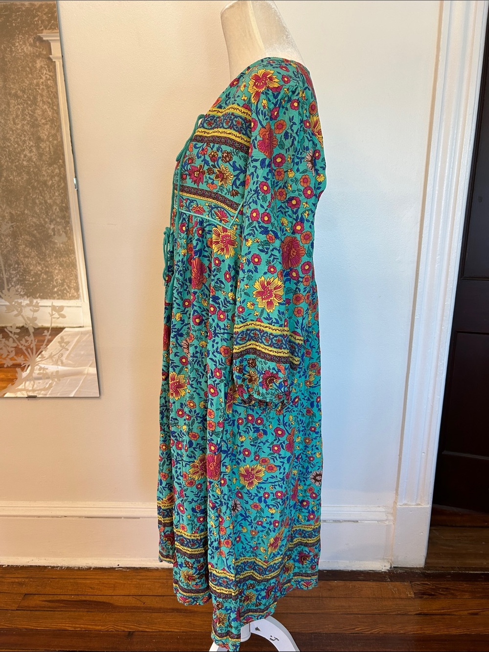 Bohemian Teal Floral Tie-Front Long Sleeve Midi Dress - Picture 3 of 8